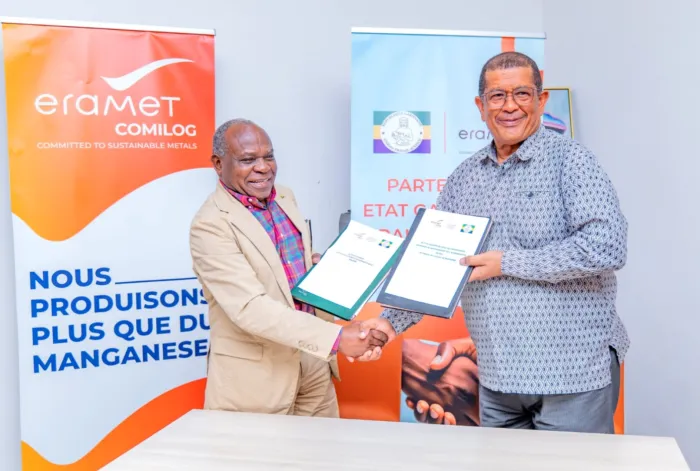 Cérémonie de rétrocession par Eramet Comilog d’infrastructures hydrauliques et d’éclairage public à l’État gabonais, en présence des autorités gouvernementales et des dirigeants de l’entreprise à Moanda.