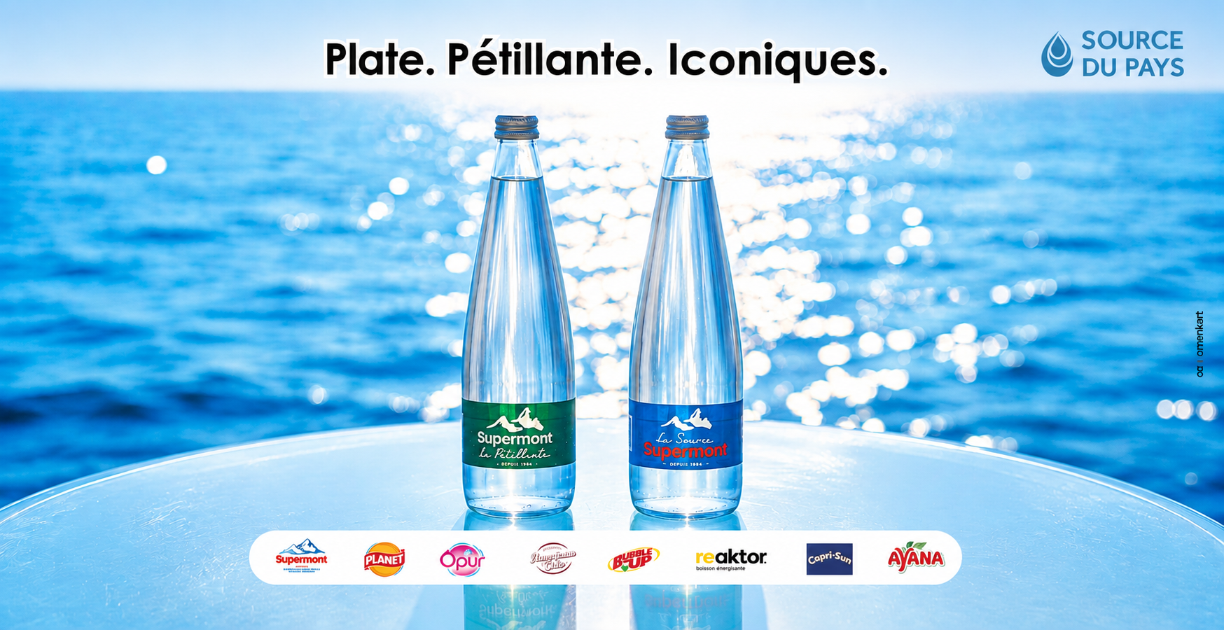 Source du pays-Supermont-Nouvelle gamme de bouteilles en verre-Eau plate et pétillante-Image LVDE