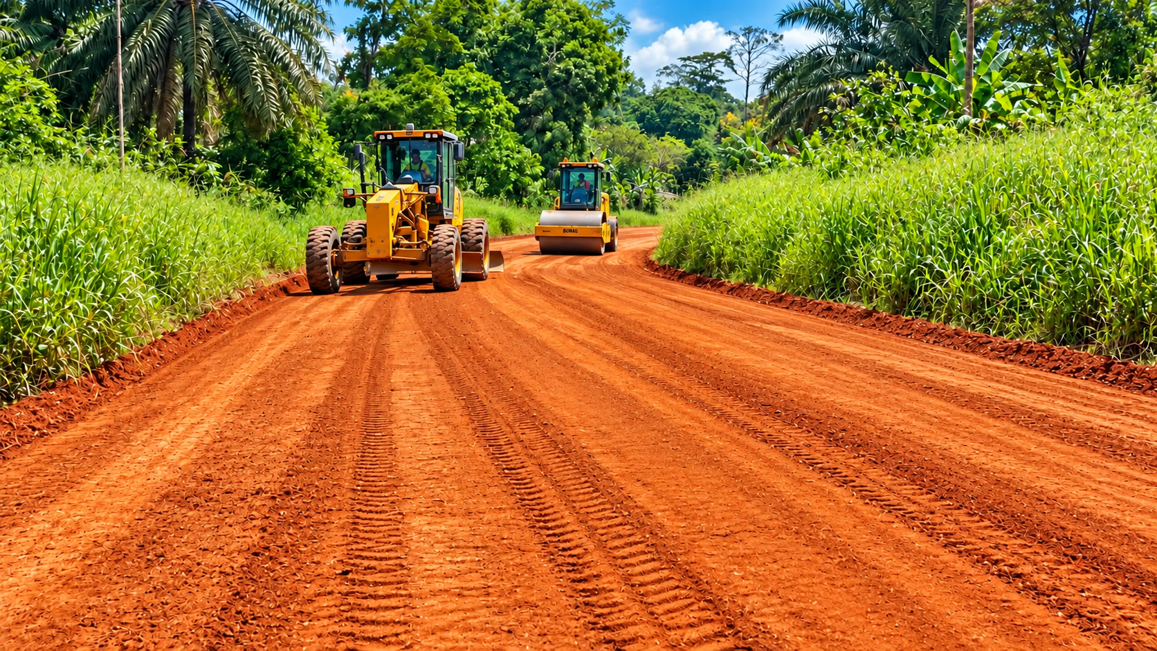 Arab Contractors poursuit les travaux de remblaiement autour des dalots sur la section Ekekam-Monatélé, dans le département de la Lékié, au Cameroun.