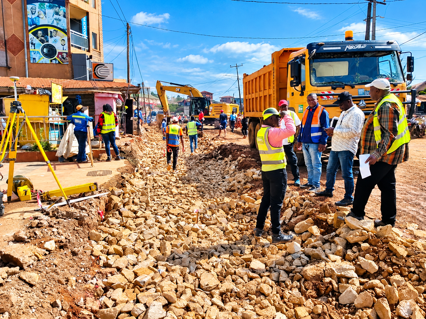 Travaux de construction de la traversée urbaine de Bamenda par l’entreprise Bun’s, avec près de 4 km de couche de fondation réalisés au 18 octobre 2026.